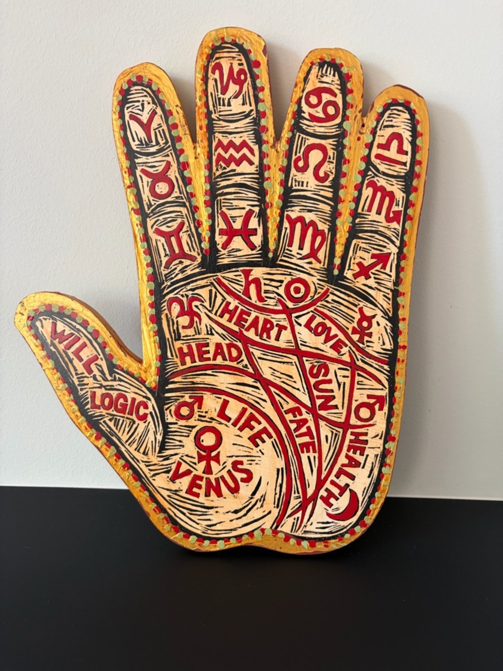 Hand Painted Palmistry Wall Art on Wood Panel in Red, Black & Gold